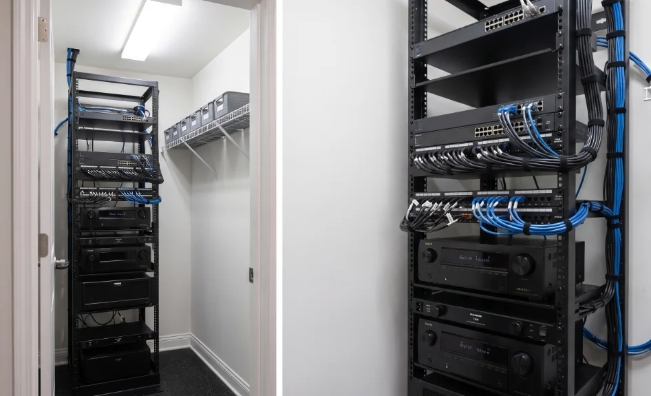A tidy AV rack in a utility closet, shot straight on — where Juno lives