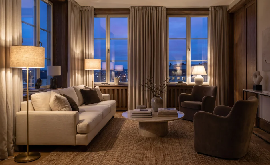 A room at dusk, lamps on, no visible screens